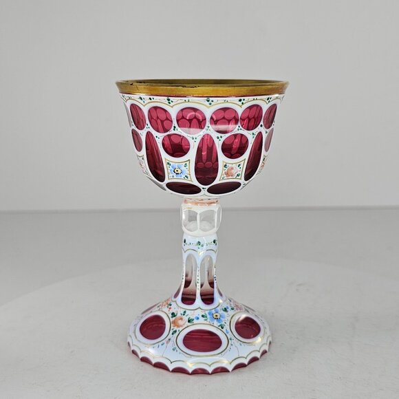 Harrach Bohemian Double Overlay Enamel Floral White Cranberry Wine Glass *FLAW - Picture 4 of 9